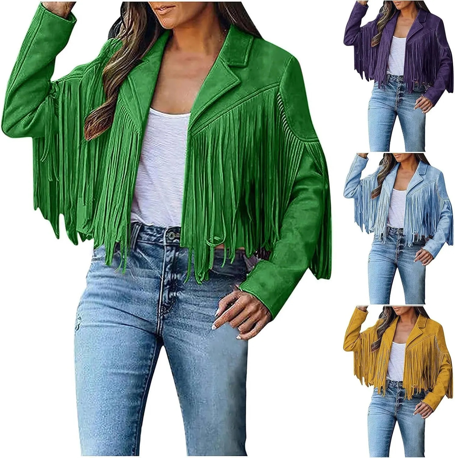 Womens Fringe Jackets Plus Size Faux Suede Coat Fashion Long Sleeve Cardigan Vintage Western Hippie Clothes