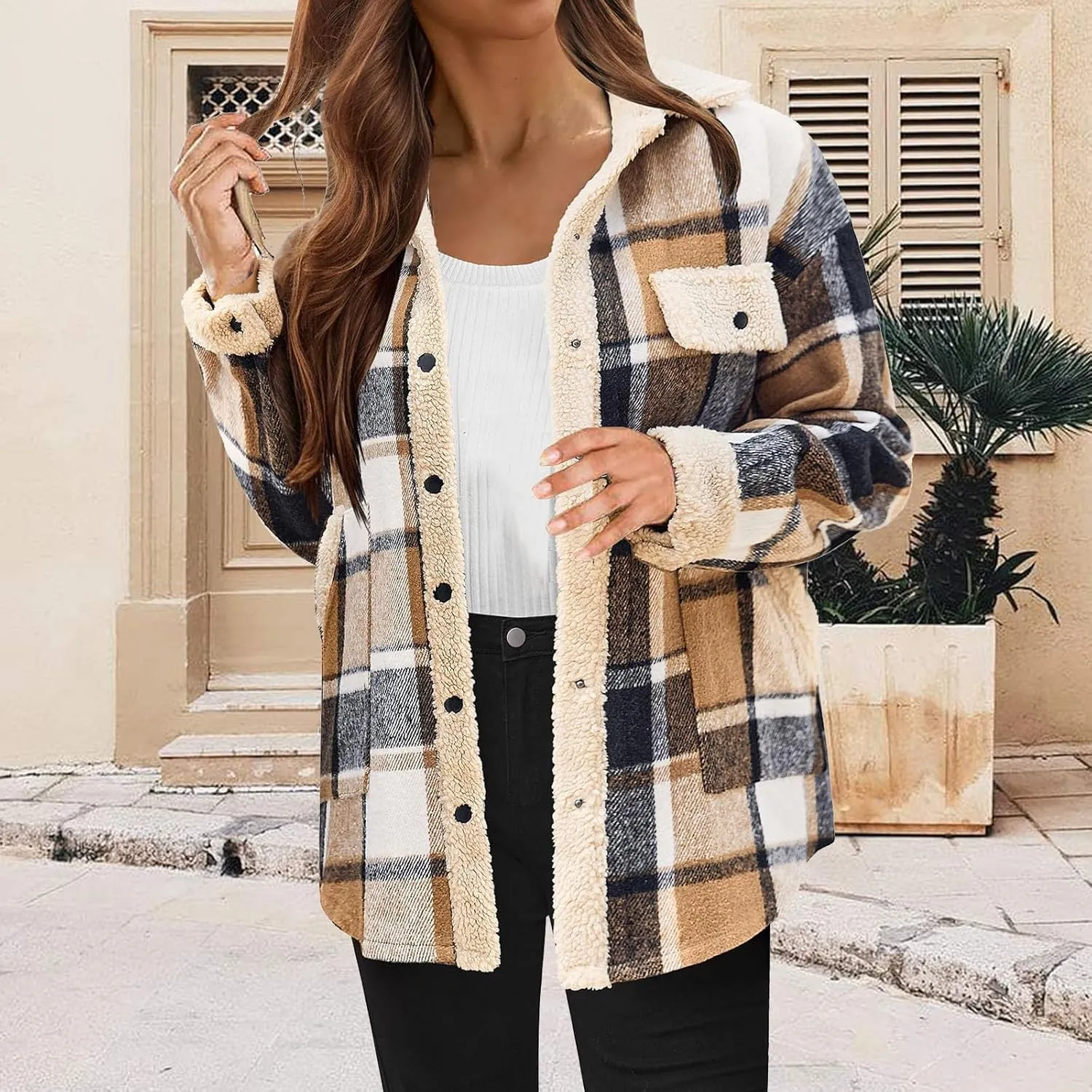 Women's Fuzzy Fleece Lined Jacket Flannel Sherpa Plaid Shacket Jackets Fall Winter Button Down Long Sleeve Coat