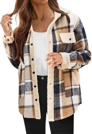 Women's Fuzzy Fleece Lined Jacket Flannel Sherpa Plaid Shacket Jackets Fall Winter Button Down Long Sleeve Coat