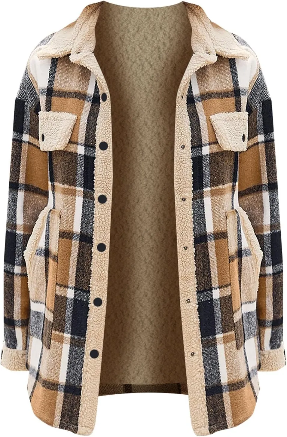 Women's Fuzzy Fleece Lined Jacket Flannel Sherpa Plaid Shacket Jackets Fall Winter Button Down Long Sleeve Coat