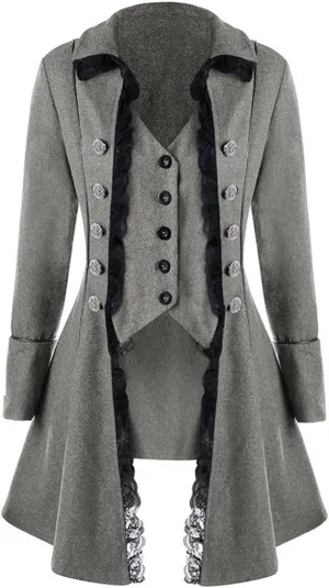 Women's Gothic Steampunk Trench Coats with Lace Trim Vampire Cosplay Costume Medieval Pirate Renaissance Jacket Coat