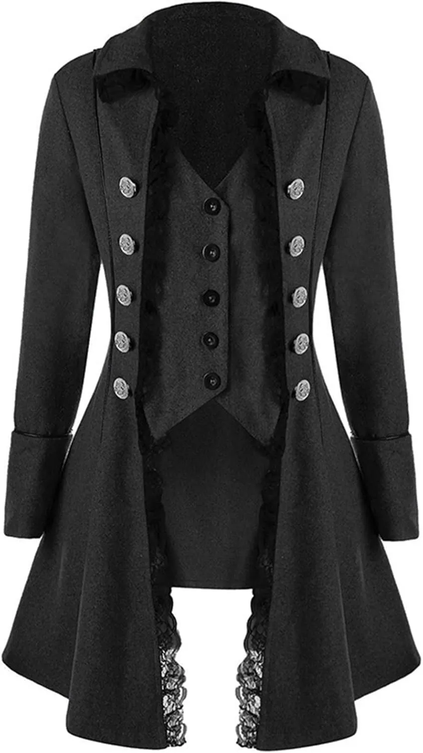 Women's Gothic Steampunk Trench Coats with Lace Trim Vampire Cosplay Costume Medieval Pirate Renaissance Jacket Coat