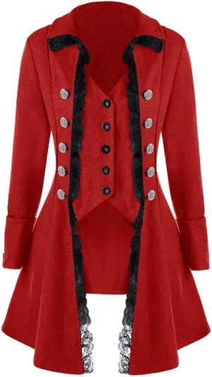 Women's Gothic Steampunk Trench Coats with Lace Trim Vampire Cosplay Costume Medieval Pirate Renaissance Jacket Coat