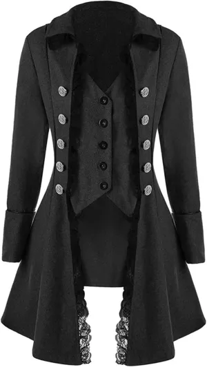 Women's Gothic Steampunk Trench Coats with Lace Trim Vampire Cosplay Costume Medieval Pirate Renaissance Jacket Coat