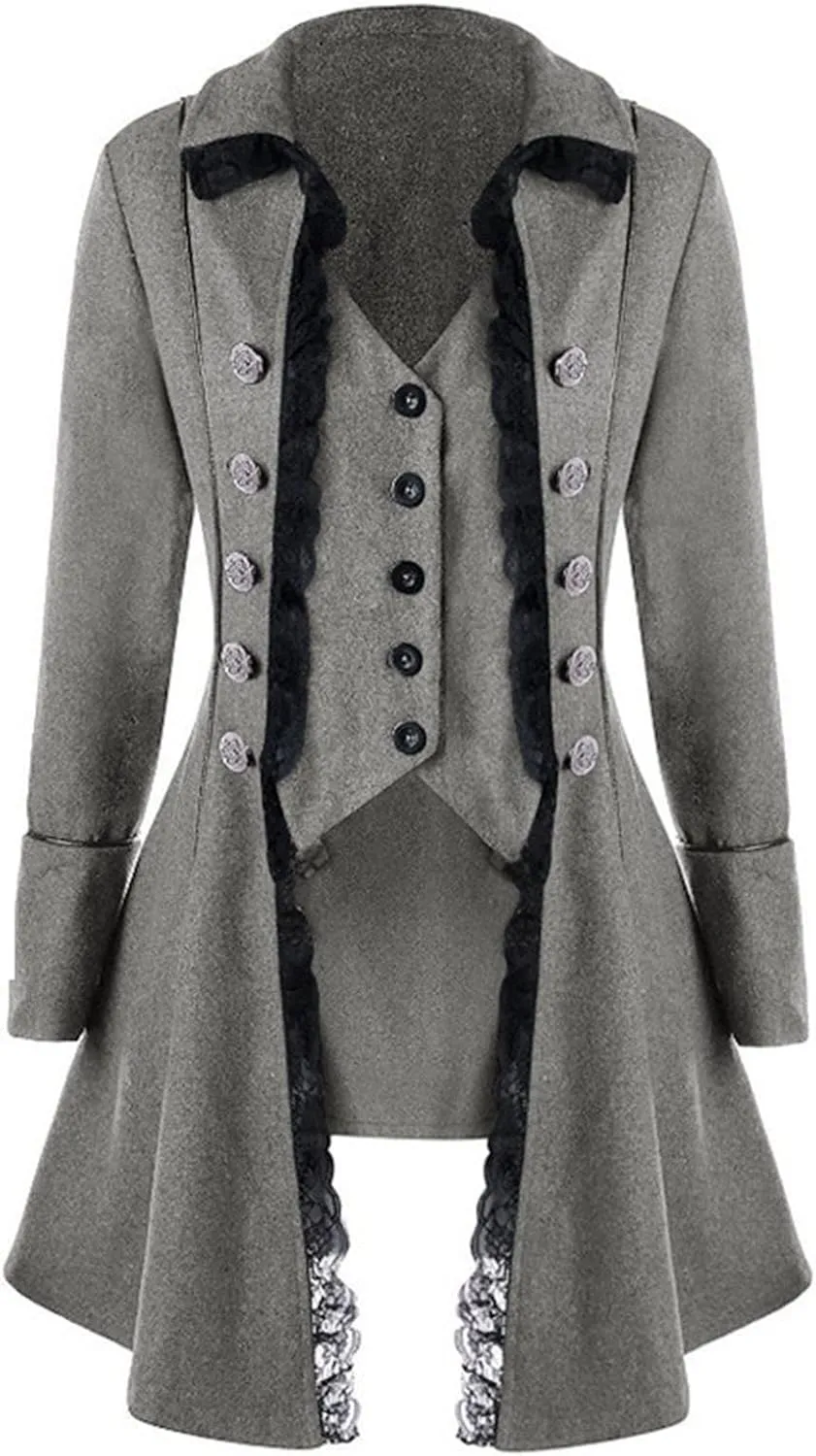 Women's Gothic Steampunk Trench Coats with Lace Trim Vampire Cosplay Costume Medieval Pirate Renaissance Jacket Coat