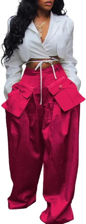 Women's High Waisted Satin Cargo Pants Baggy Pants Wide Leg Casual Pants with Pocket Streetwear