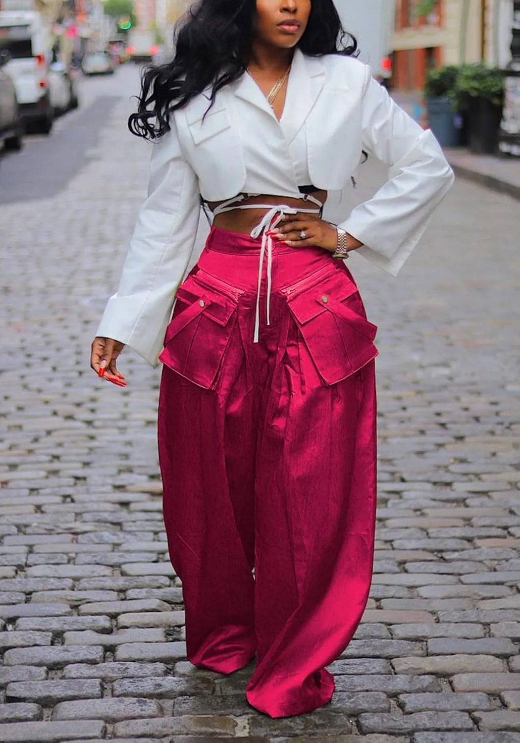 Women's High Waisted Satin Cargo Pants Baggy Pants Wide Leg Casual Pants with Pocket Streetwear