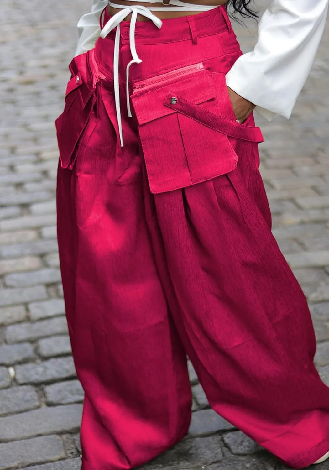 Women's High Waisted Satin Cargo Pants Baggy Pants Wide Leg Casual Pants with Pocket Streetwear
