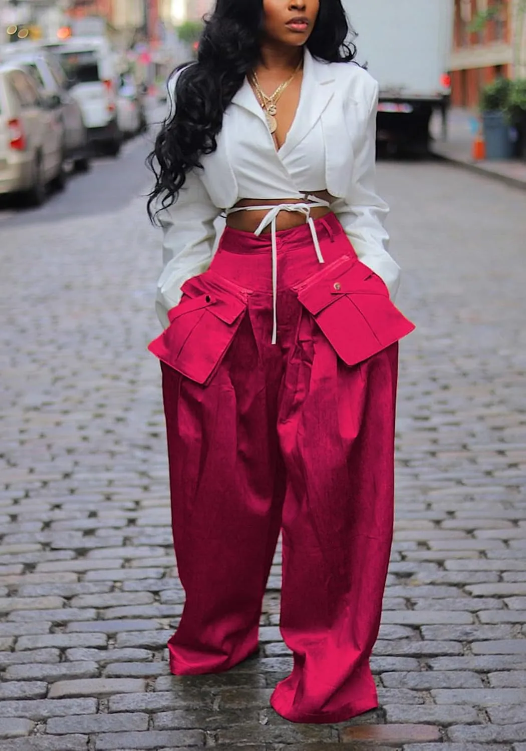 Women's High Waisted Satin Cargo Pants Baggy Pants Wide Leg Casual Pants with Pocket Streetwear