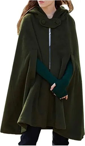 Women's Hooded Trench Coat Open Front Cardigan Jacket Vintage Hooded Shawl Cape Poncho Solid Color Cloak Coats