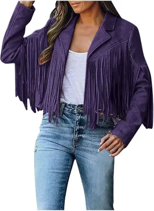 Women's Leather Jacket Faux Suede Fringe Jacket Fall Long Sleeve Lapel Vintage Coats Open Front Tassel Cardigan