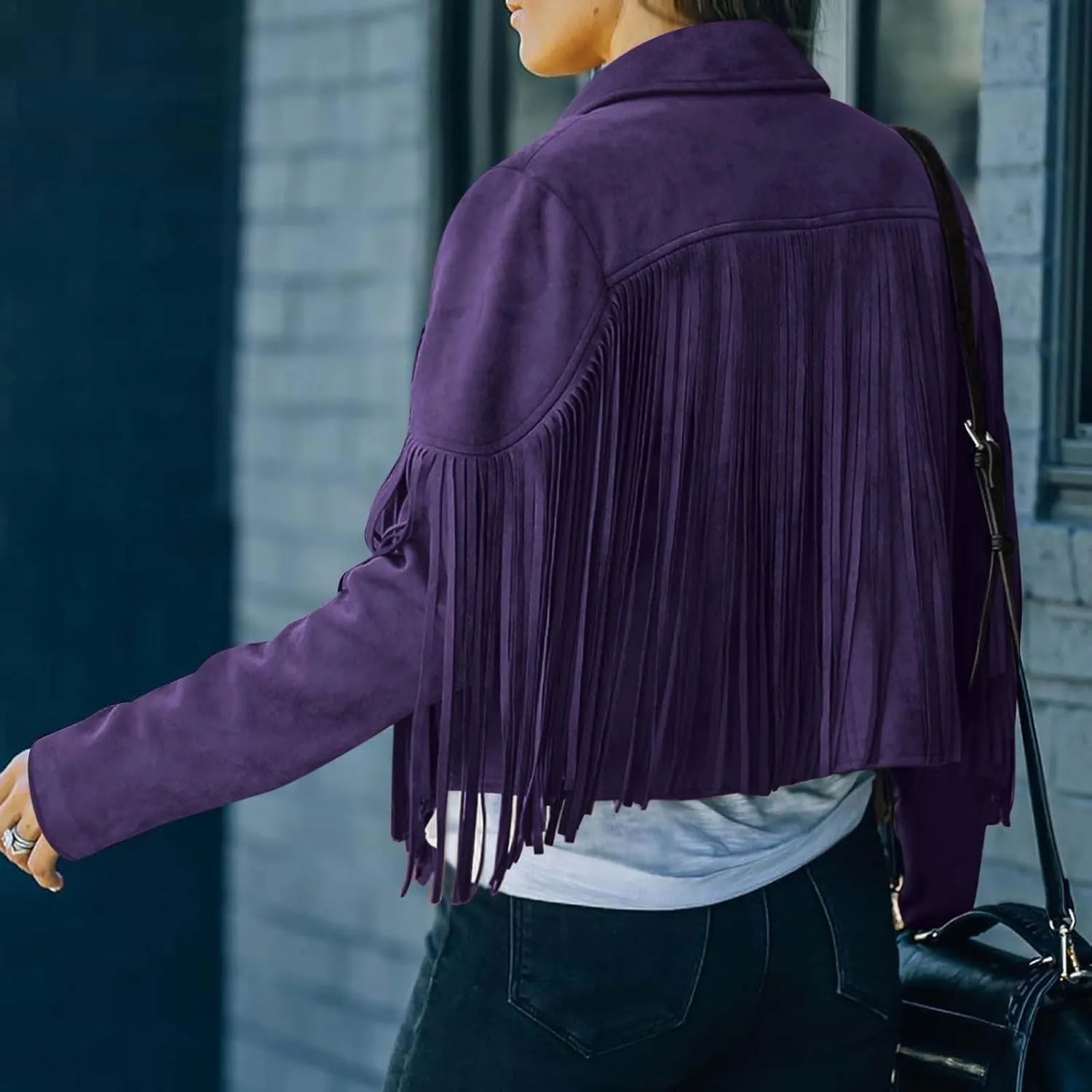 Women's Leather Jacket Faux Suede Fringe Jacket Fall Long Sleeve Lapel Vintage Coats Open Front Tassel Cardigan