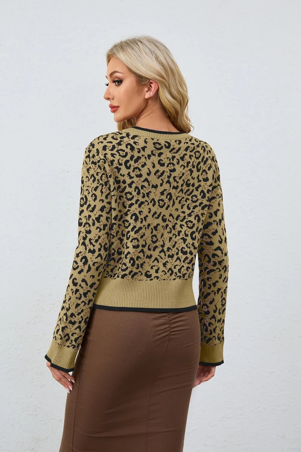 Womens Leopard Print Cardigan Sweater Bow Tie Front Cheetah Cardigans Long Sleeve Crewneck Tie Open Front Sweater Top