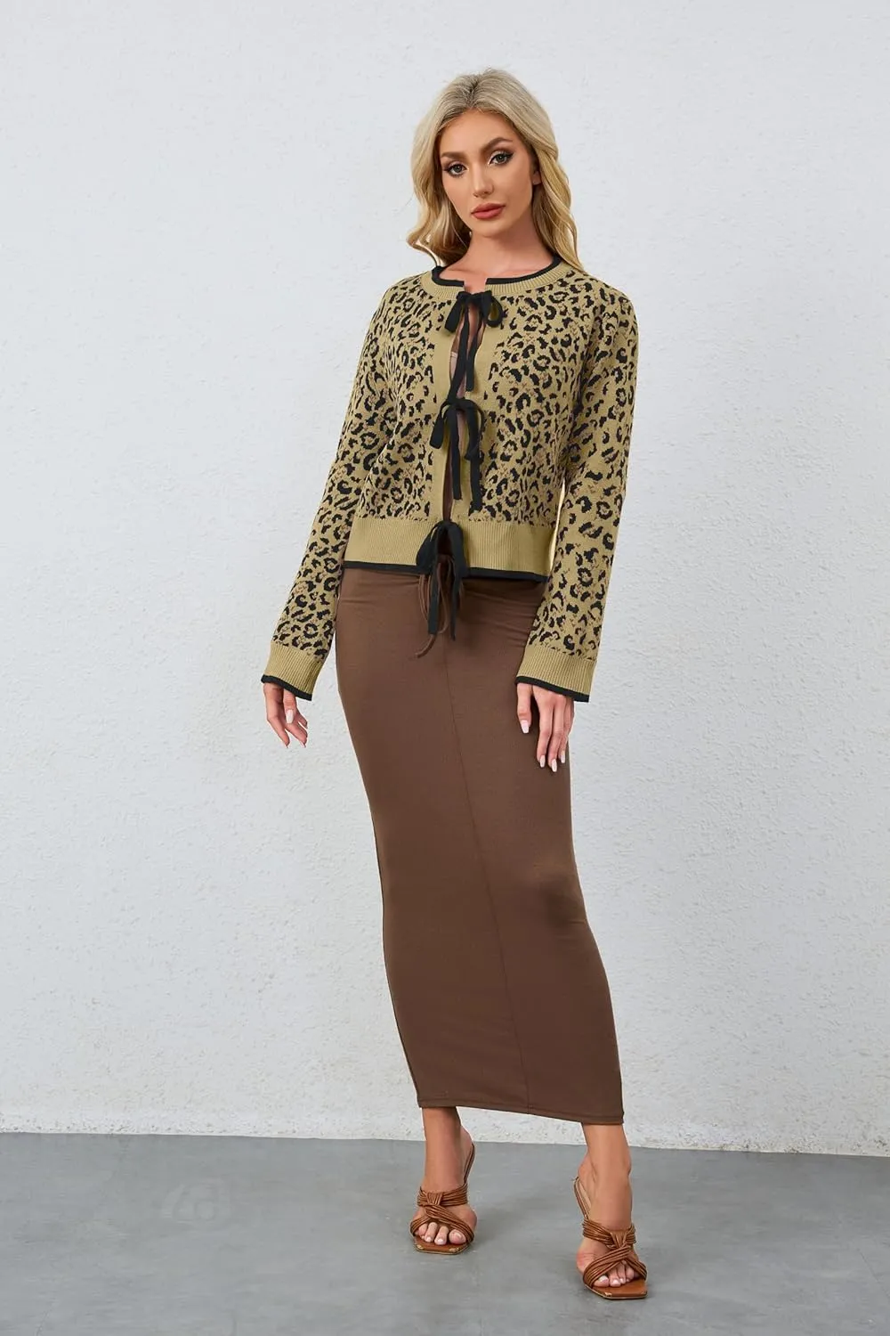 Womens Leopard Print Cardigan Sweater Bow Tie Front Cheetah Cardigans Long Sleeve Crewneck Tie Open Front Sweater Top