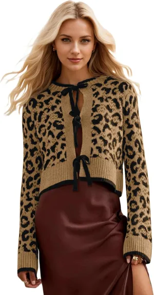 Womens Leopard Print Cardigan Sweater Bow Tie Front Cheetah Cardigans Long Sleeve Crewneck Tie Open Front Sweater Top