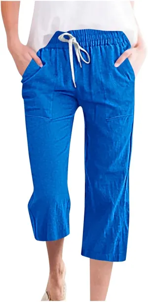 Women's Linen Cotton Wide Leg Pants Boho Palazzo Trousers for Summer High Waisted Elastic Side Pockets Sizes XS-XXL