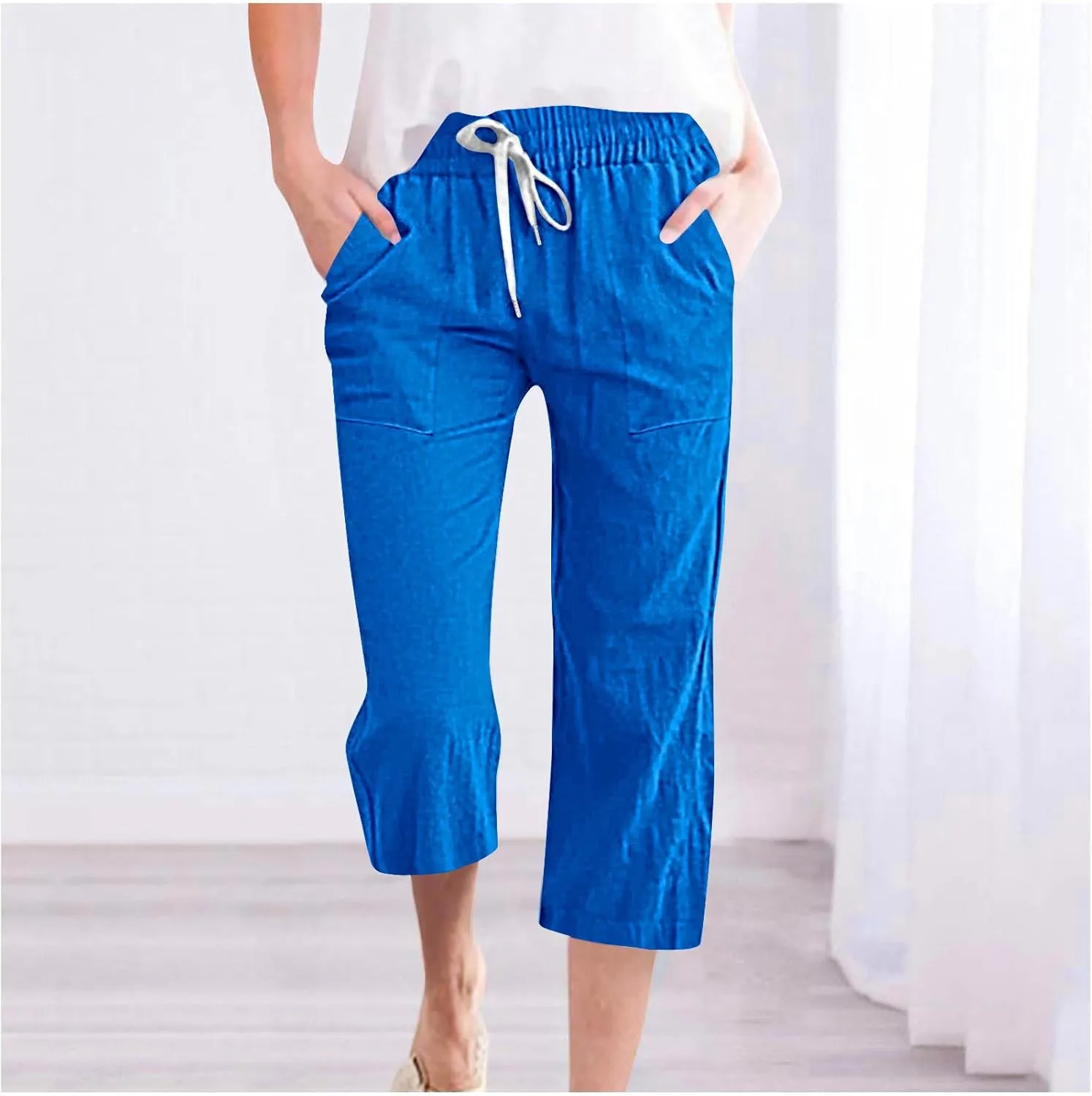Women's Linen Cotton Wide Leg Pants Boho Palazzo Trousers for Summer High Waisted Elastic Side Pockets Sizes XS-XXL