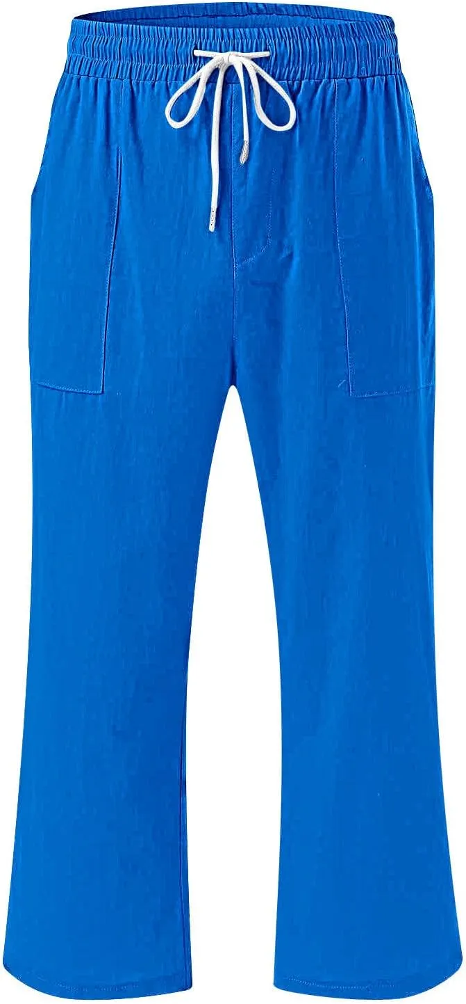 Women's Linen Cotton Wide Leg Pants Boho Palazzo Trousers for Summer High Waisted Elastic Side Pockets Sizes XS-XXL