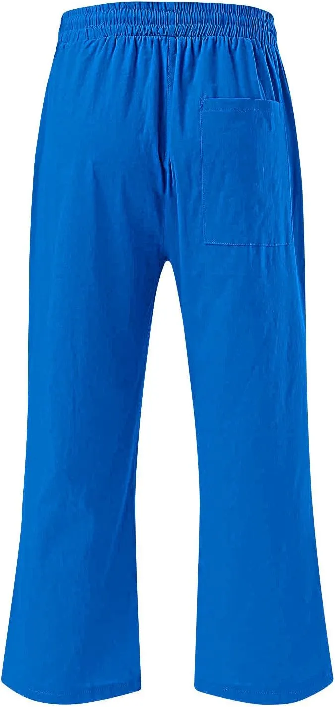 Women's Linen Cotton Wide Leg Pants Boho Palazzo Trousers for Summer High Waisted Elastic Side Pockets Sizes XS-XXL