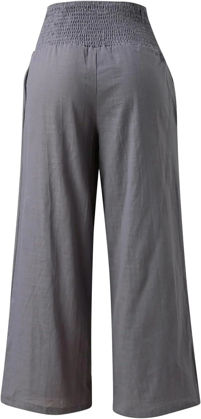 Womens Linen Pants 2025 Summer Casual Loose Wide Leg Palazzo Pants High Waisted Smocked Flowy Beach Trousers with Pockets