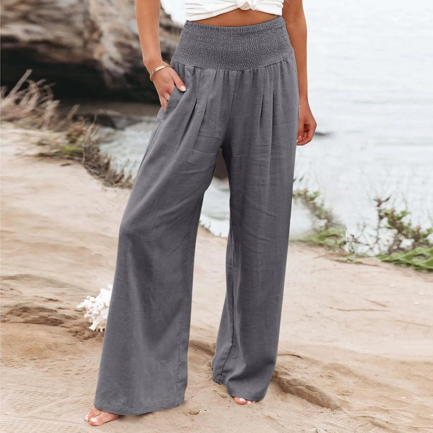 Womens Linen Pants 2025 Summer Casual Loose Wide Leg Palazzo Pants High Waisted Smocked Flowy Beach Trousers with Pockets
