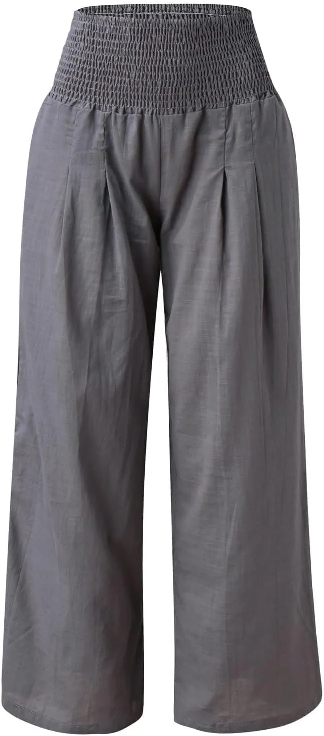 Womens Linen Pants 2025 Summer Casual Loose Wide Leg Palazzo Pants High Waisted Smocked Flowy Beach Trousers with Pockets