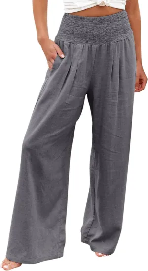 Womens Linen Pants 2025 Summer Casual Loose Wide Leg Palazzo Pants High Waisted Smocked Flowy Beach Trousers with Pockets