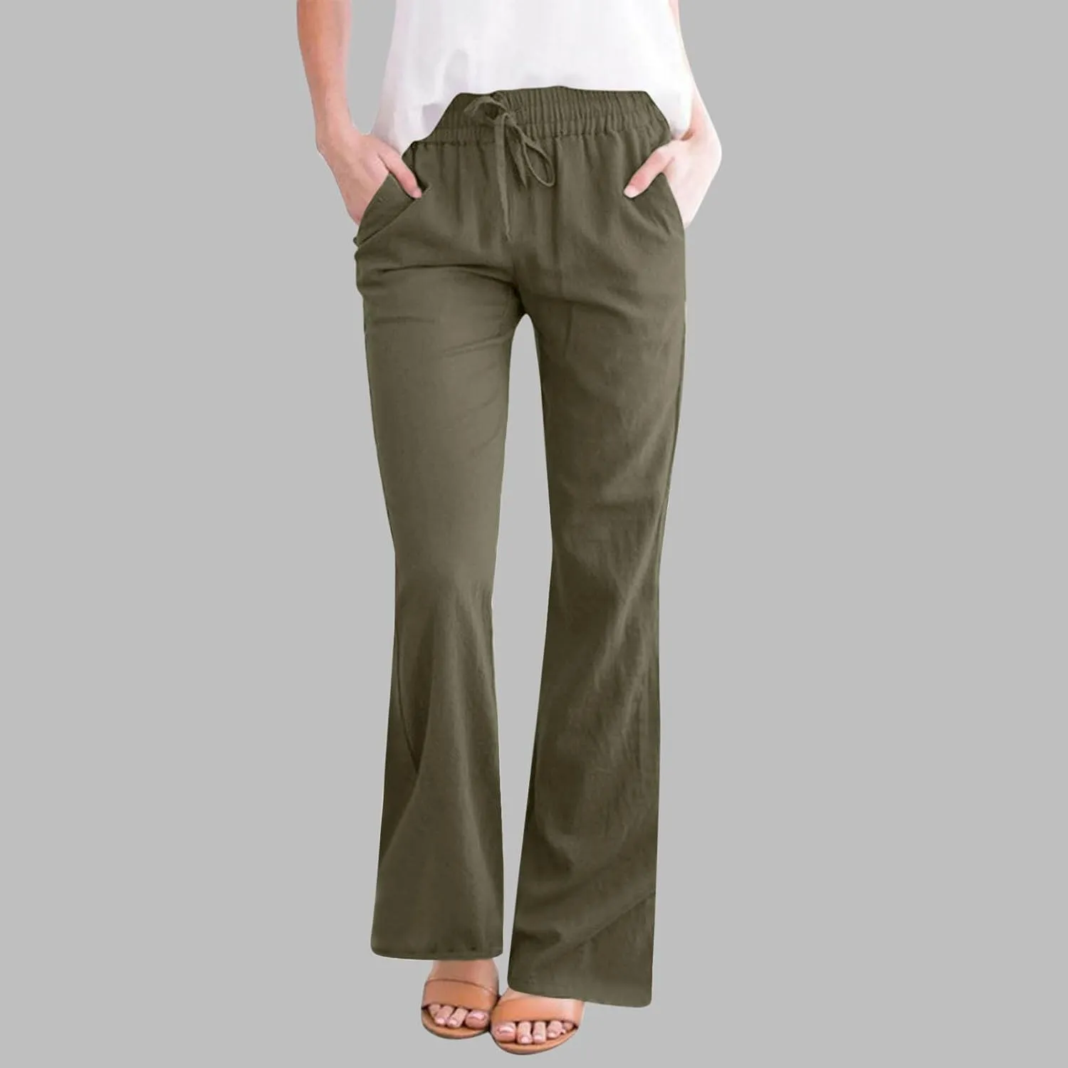 Womens Linen Pants Business Casual High Waist Drawstring Wide Leg Palazzo Pants Beach Vacation Trousers with Pockets