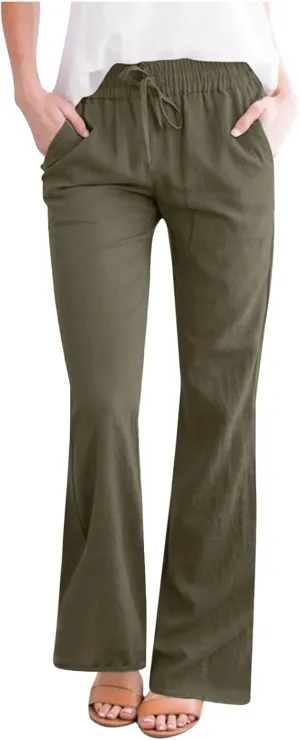Womens Linen Pants Business Casual High Waist Drawstring Wide Leg Palazzo Pants Beach Vacation Trousers with Pockets