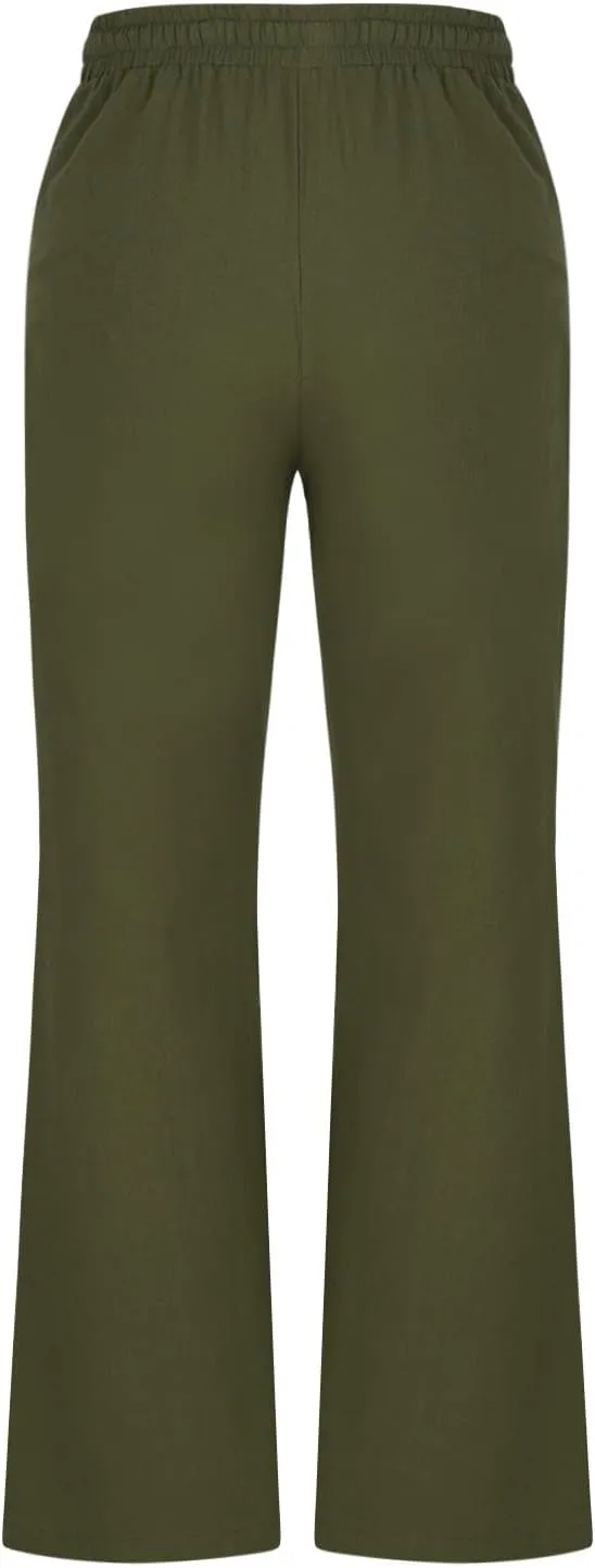 Womens Linen Pants Business Casual High Waist Drawstring Wide Leg Palazzo Pants Beach Vacation Trousers with Pockets