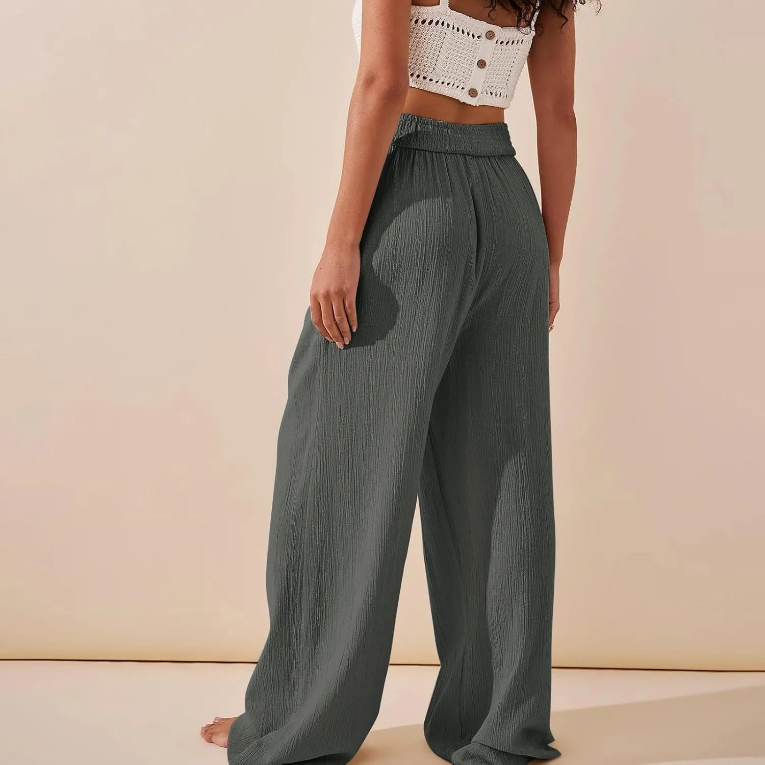 Womens Linen Pants Crossover High Waisted Wide Leg Pants Summer Casual Beach Pants Flowy Palazzo Pants with Pockets