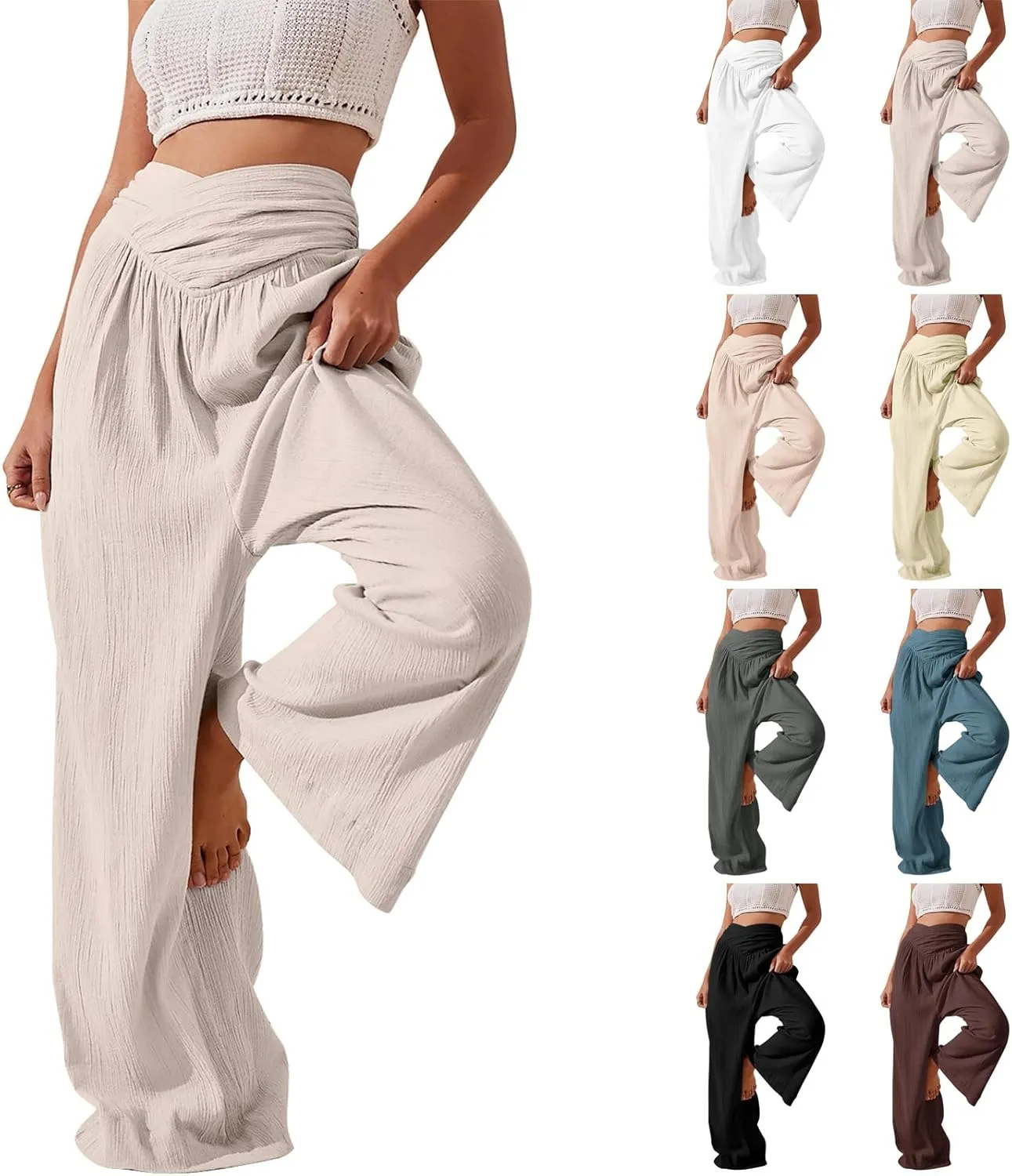 Womens Linen Pants Crossover High Waisted Wide Leg Pants Summer Casual Beach Pants Flowy Palazzo Pants with Pockets