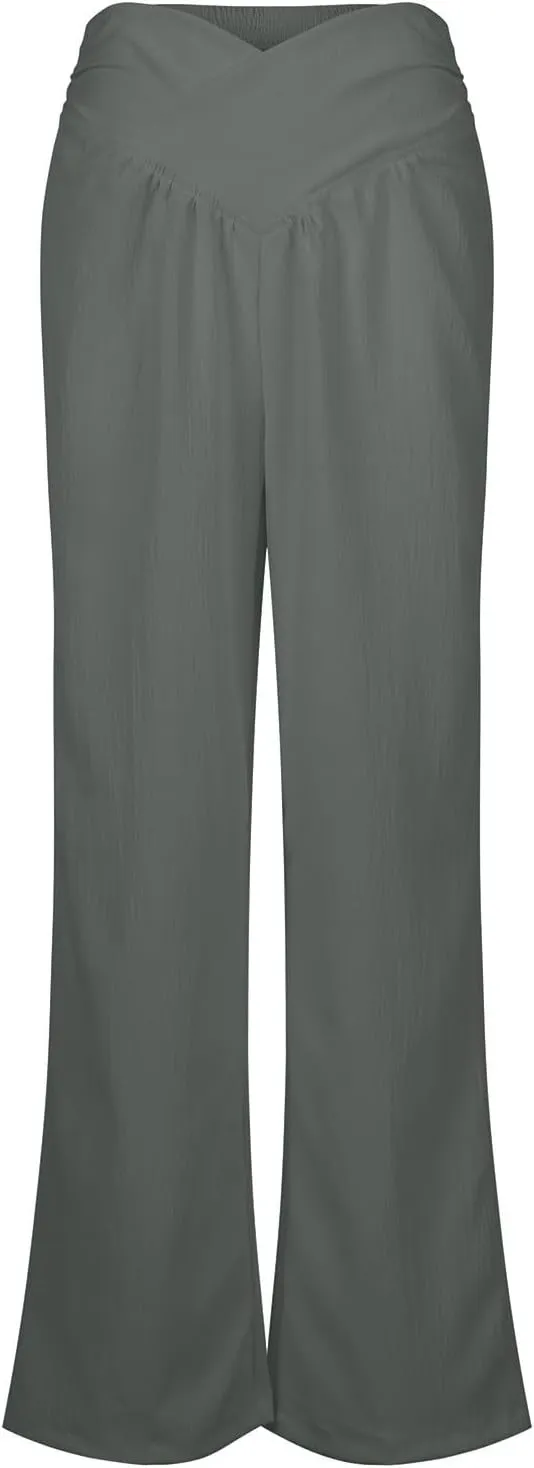 Womens Linen Pants Crossover High Waisted Wide Leg Pants Summer Casual Beach Pants Flowy Palazzo Pants with Pockets
