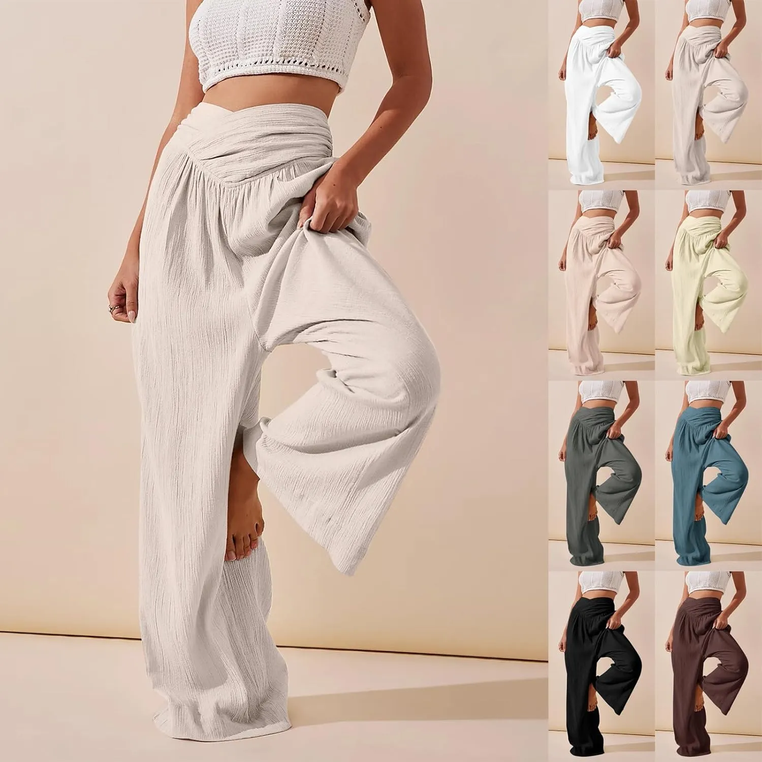 Womens Linen Pants Crossover High Waisted Wide Leg Pants Summer Casual Beach Pants Flowy Palazzo Pants with Pockets