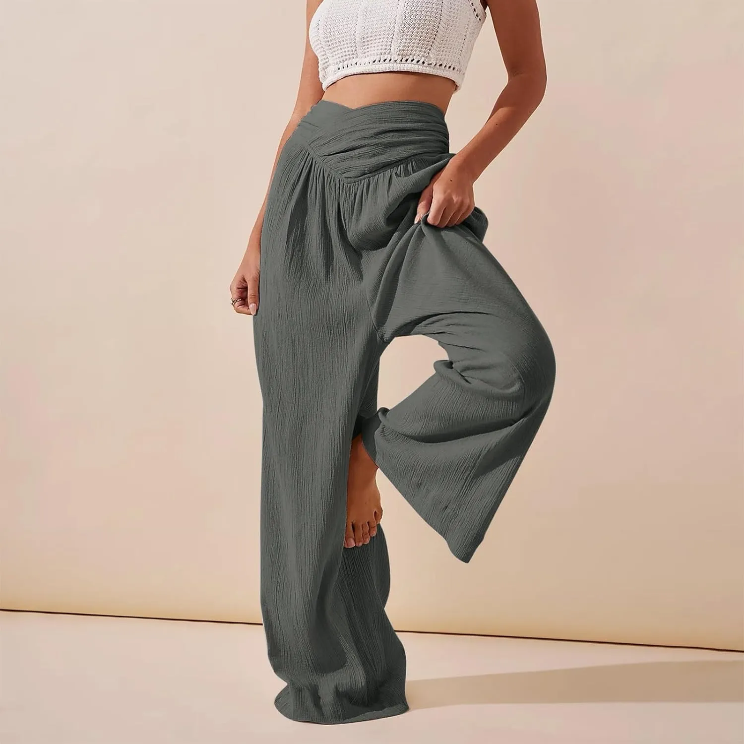 Womens Linen Pants Crossover High Waisted Wide Leg Pants Summer Casual Beach Pants Flowy Palazzo Pants with Pockets