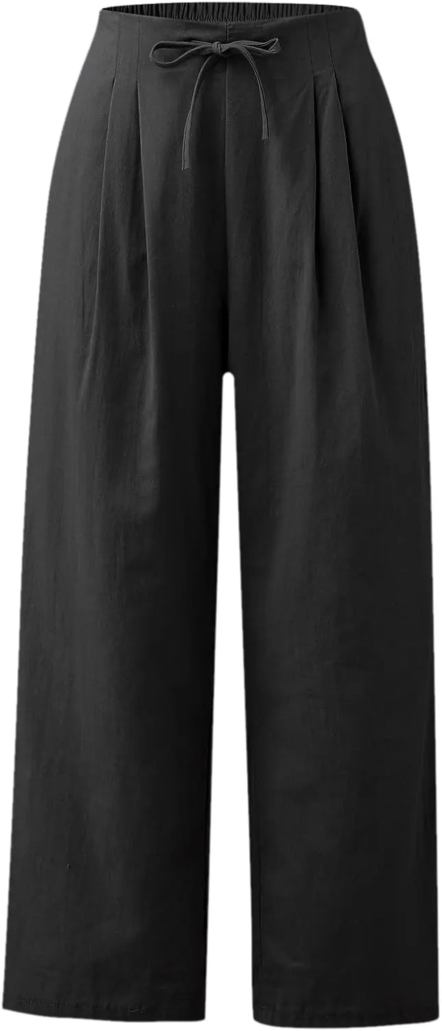 Women's Linen Pants High Waisted Drawstring Straight Leg Pants Summer Casual Long Wide Leg Trousers with Pockets