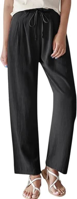 Women's Linen Pants High Waisted Drawstring Straight Leg Pants Summer Casual Long Wide Leg Trousers with Pockets