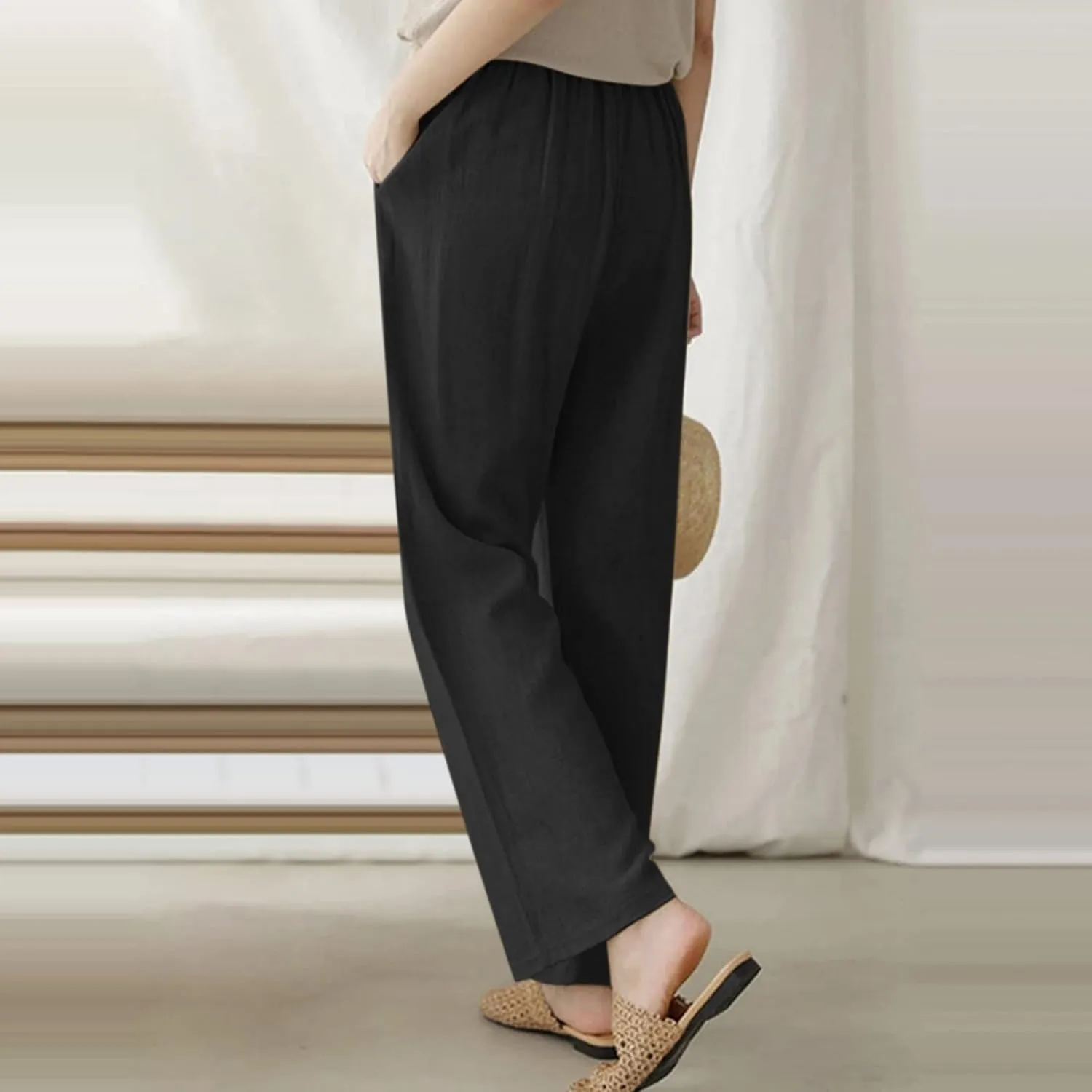 Women's Linen Pants High Waisted Drawstring Straight Leg Pants Summer Casual Long Wide Leg Trousers with Pockets