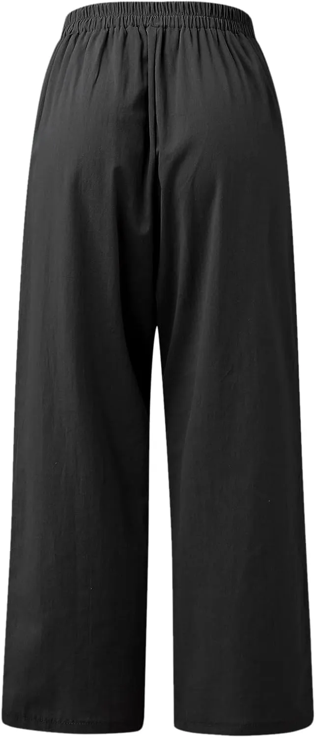 Women's Linen Pants High Waisted Drawstring Straight Leg Pants Summer Casual Long Wide Leg Trousers with Pockets