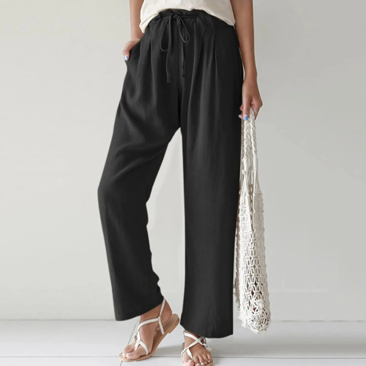 Women's Linen Pants High Waisted Drawstring Straight Leg Pants Summer Casual Long Wide Leg Trousers with Pockets