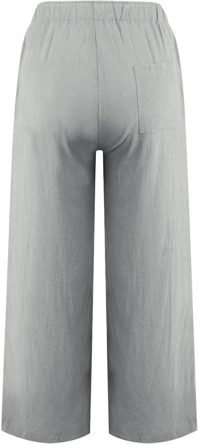 Womens Linen Pants Summer Boho Drawstring Elastic Flowy High Waist Casual Loose Fit Wide Leg Pants