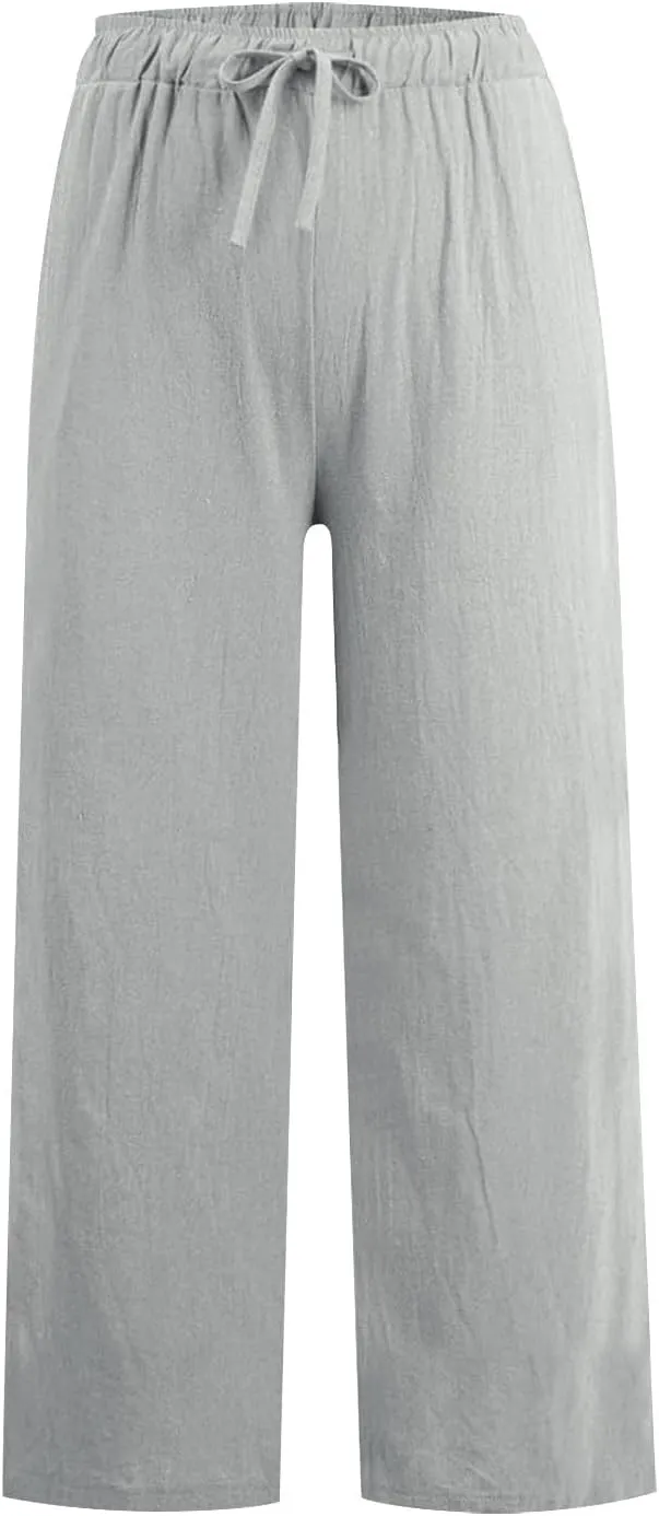 Womens Linen Pants Summer Boho Drawstring Elastic Flowy High Waist Casual Loose Fit Wide Leg Pants