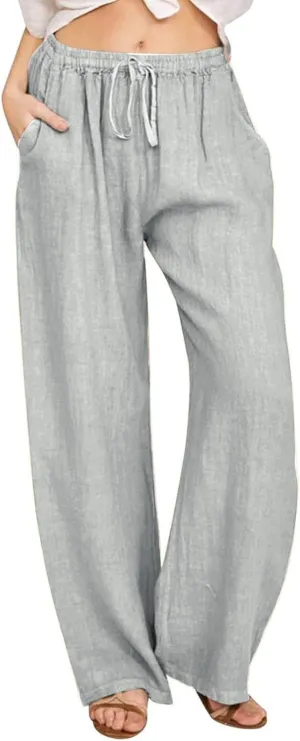 Womens Linen Pants Summer Boho Drawstring Elastic Flowy High Waist Casual Loose Fit Wide Leg Pants