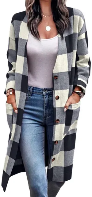 Womens Long Flannel Coats Plaid Shacke Oversuits Long Sleeves Suit Collar Casual Button Down Loose Trendy Jackets