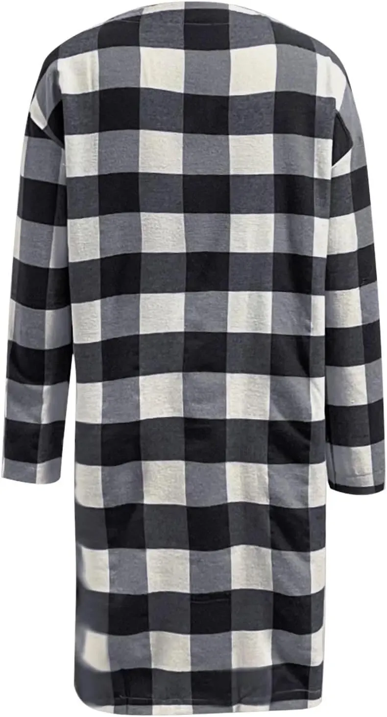Womens Long Flannel Coats Plaid Shacke Oversuits Long Sleeves Suit Collar Casual Button Down Loose Trendy Jackets