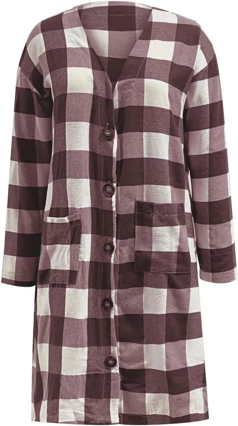 Womens Long Flannel Coats Plaid Shacke Oversuits Long Sleeves Suit Collar Casual Button Down Loose Trendy Jackets