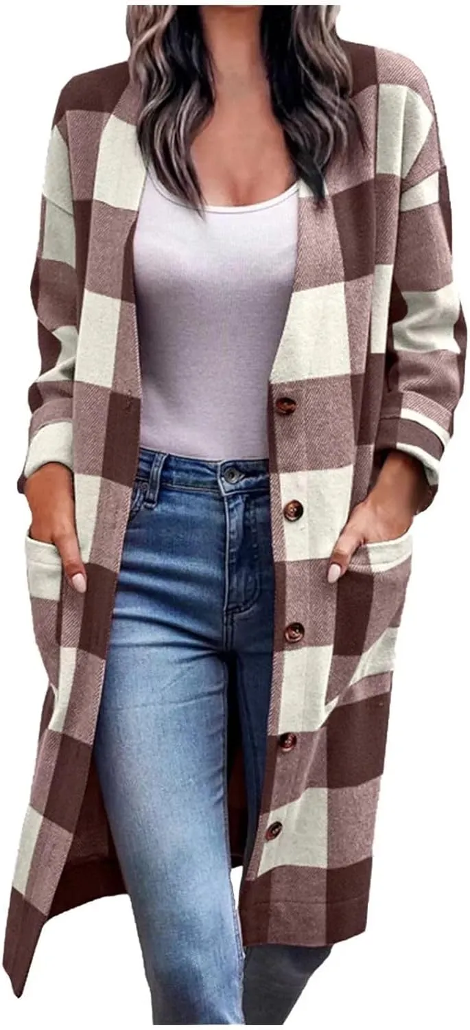 Womens Long Flannel Coats Plaid Shacke Oversuits Long Sleeves Suit Collar Casual Button Down Loose Trendy Jackets
