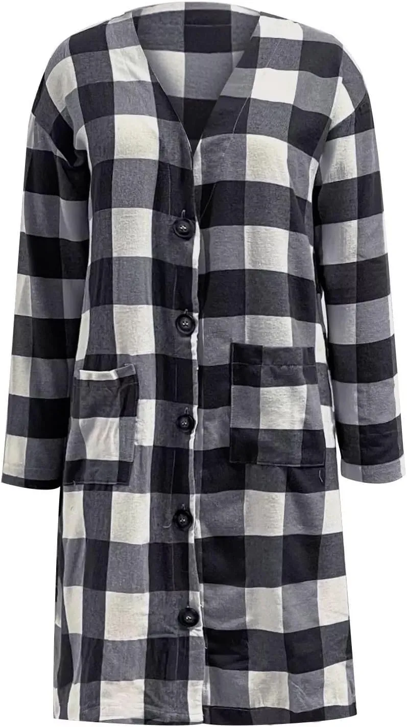 Womens Long Flannel Coats Plaid Shacke Oversuits Long Sleeves Suit Collar Casual Button Down Loose Trendy Jackets