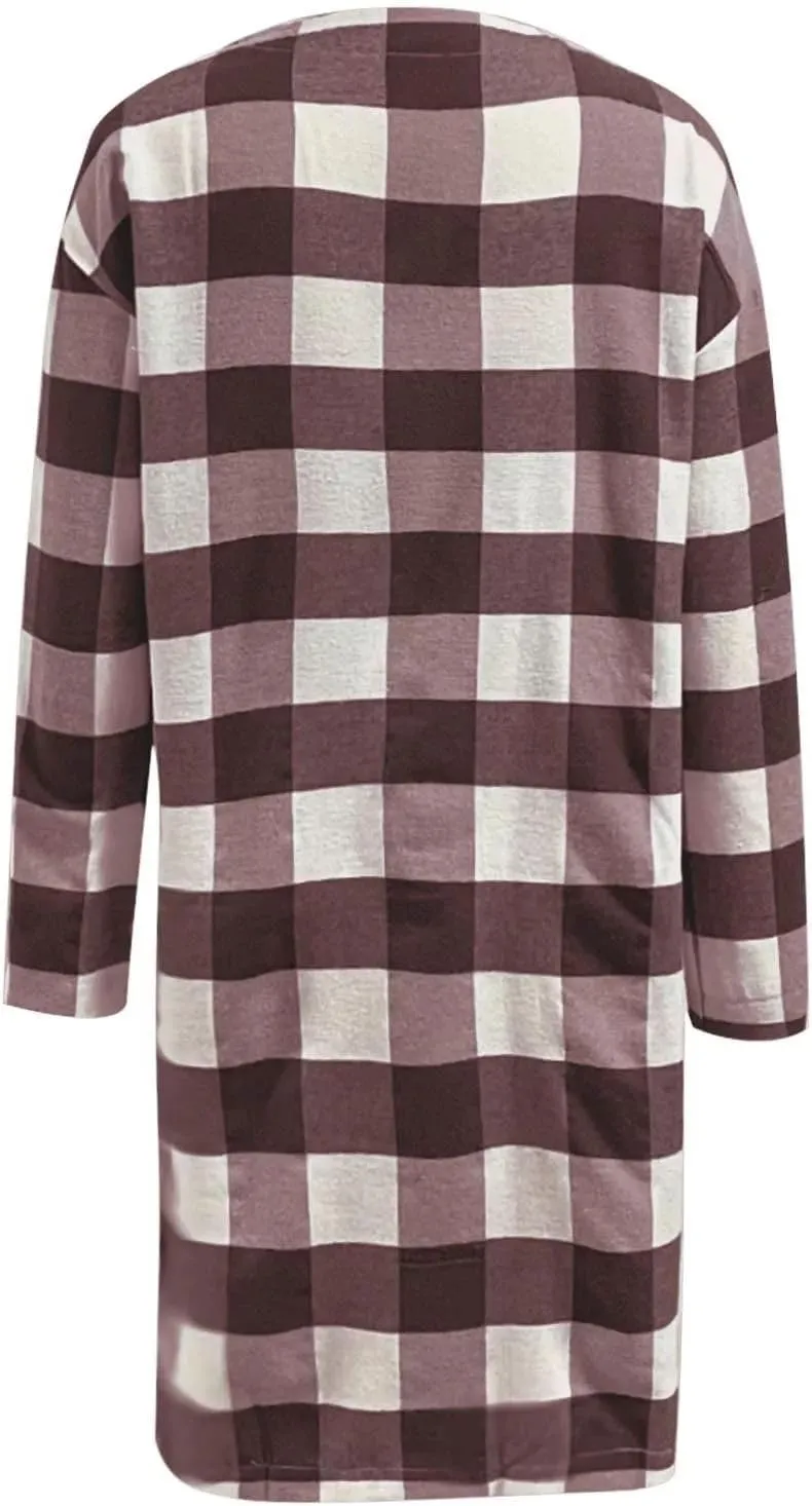 Womens Long Flannel Coats Plaid Shacke Oversuits Long Sleeves Suit Collar Casual Button Down Loose Trendy Jackets
