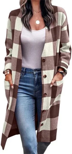Womens Long Flannel Coats Plaid Shacke Oversuits Long Sleeves Suit Collar Casual Button Down Loose Trendy Jackets